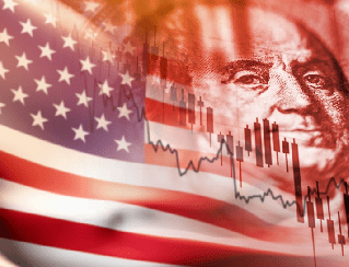 Patriotic image showing the American flag overlaid with Benjamin Franklin's portrait and a stock market chart, suggesting U.S. financial markets.