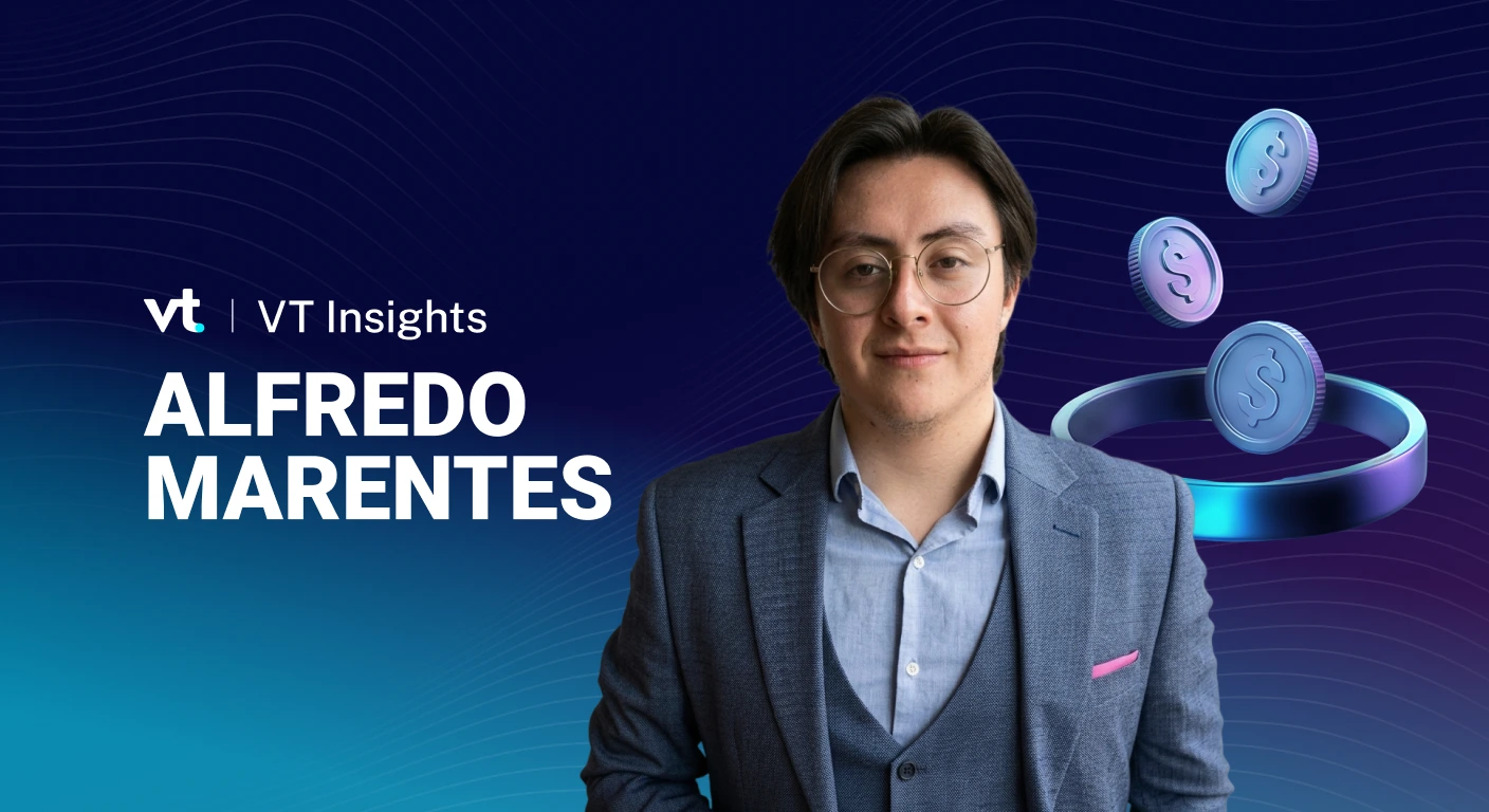 Portrait of Alfredo Marentes in a blue blazer on a VT Insights banner with floating coin graphics in a blue gradient background.