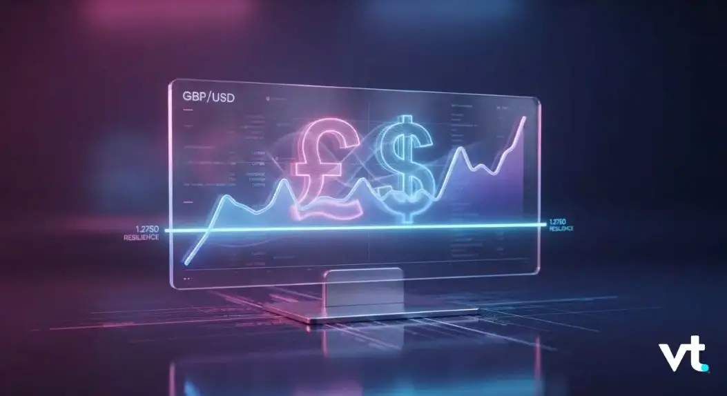 Futuristic holographic monitor displaying a neon GBP/USD currency chart with rising and dipping lines against a dark background; VT logo in the bottom-right corner.