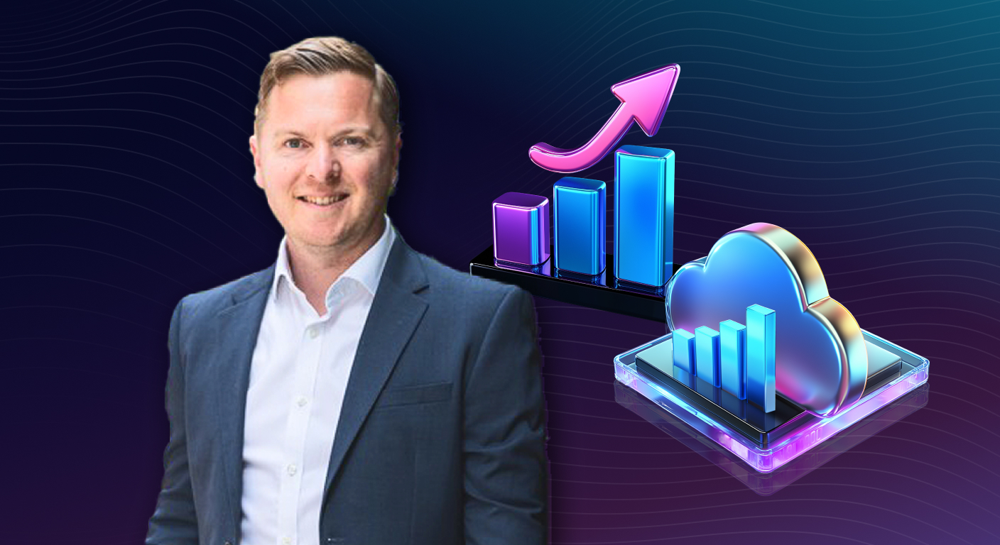 Businessman beside 3D bar graphs and a cloud graphic on a tablet, symbolizing cloud analytics and growth in business.