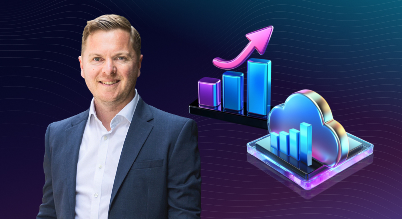 Smiling man in a navy suit beside colorful 3D bar charts and a glowing cloud icon, signaling data analytics and cloud services.