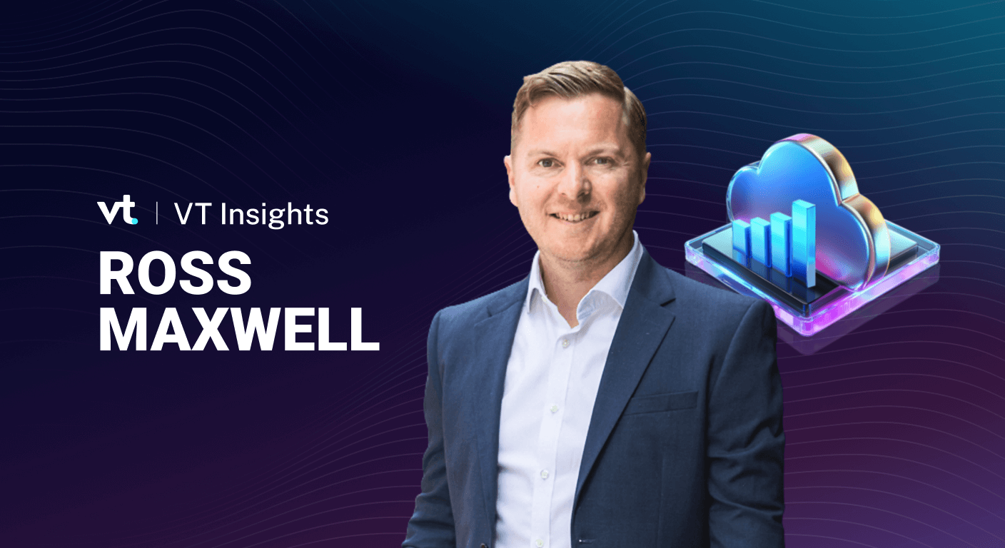 Ross Maxwell, VT Insights presenter, in a navy suit, with a cloud analytics icon to the right on a dark gradient background.