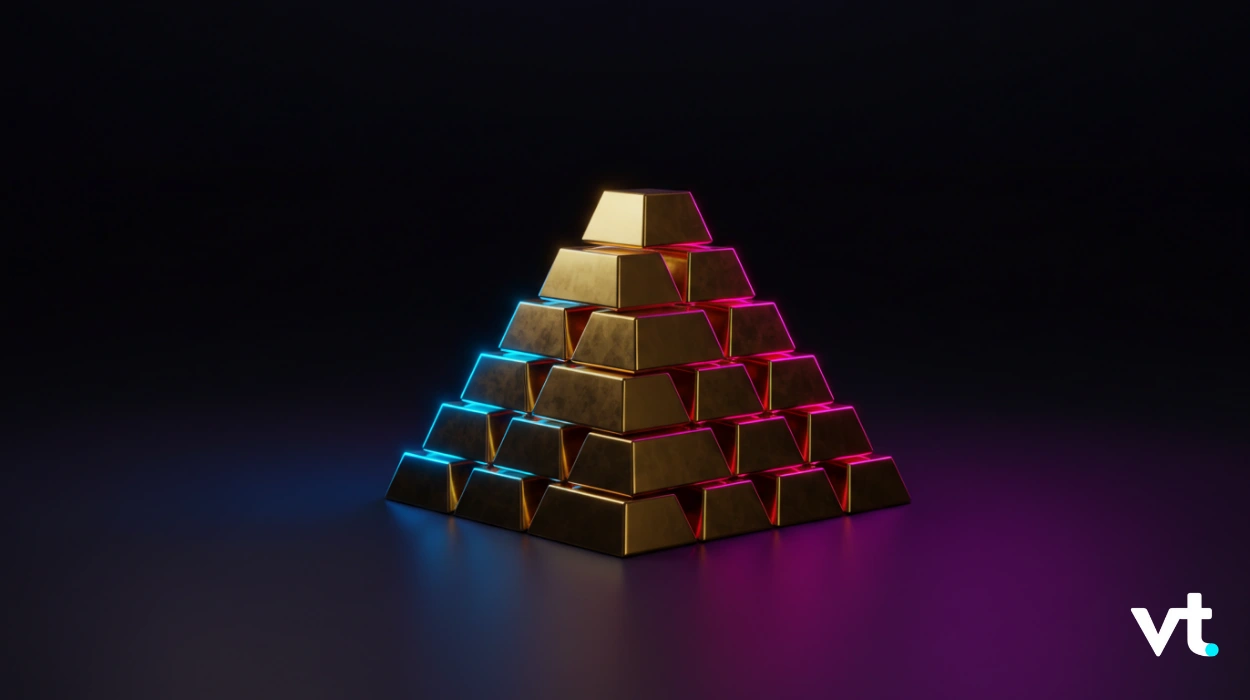 Pyramid of gold bars stacked on a dark surface with blue and pink neon edges, VT logo in the corner.