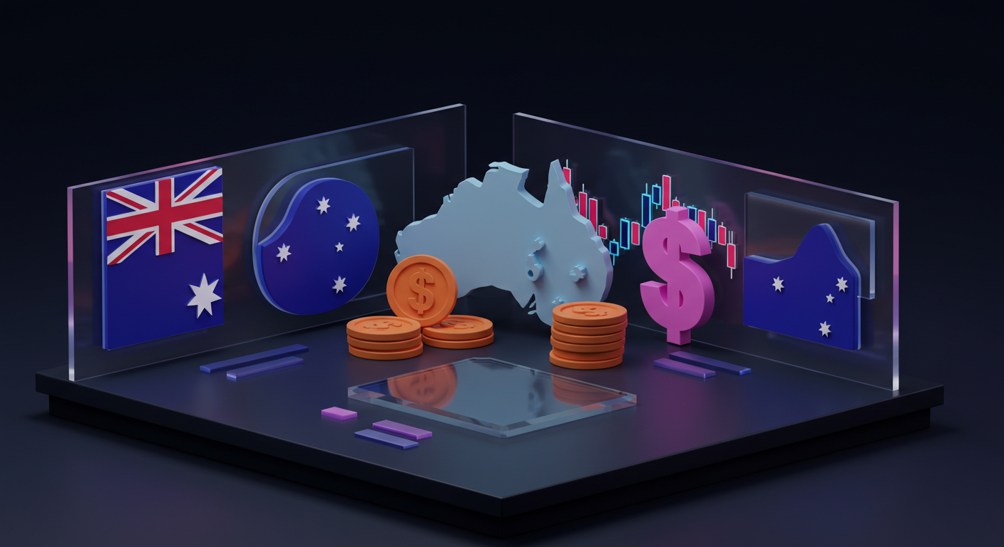 3D scene showing Australian financial symbols: flag, map silhouette, coins, and a dollar sign with stock charts in the background on glass panels