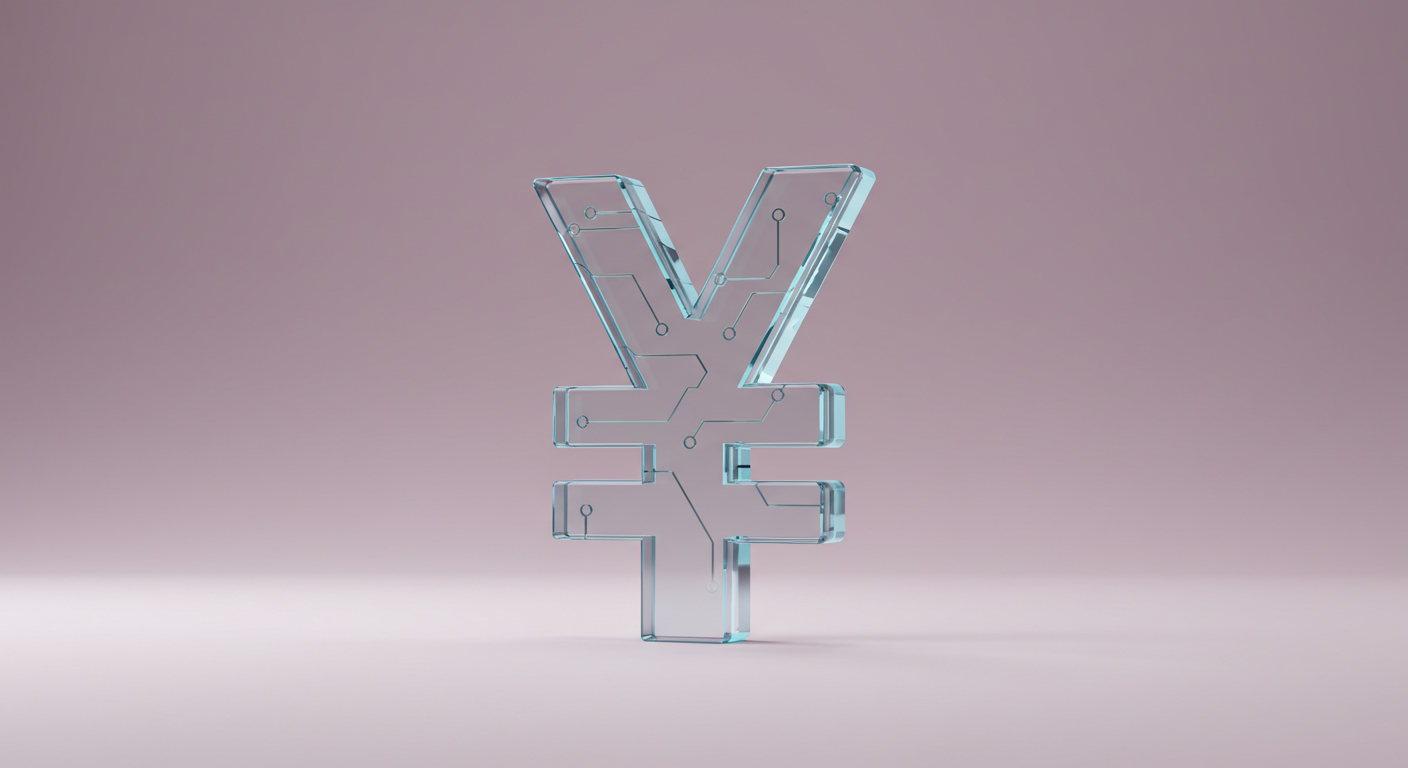 Transparent 3D yen symbol with circuit patterns, standing on a pale pink gradient background.