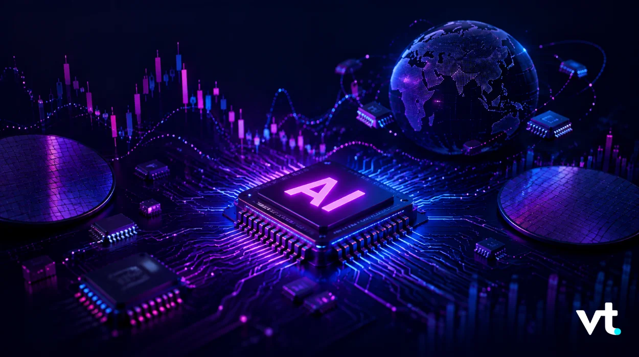 Central AI processor on a glowing circuit board with a digital globe and neon data lines in purple and blue.