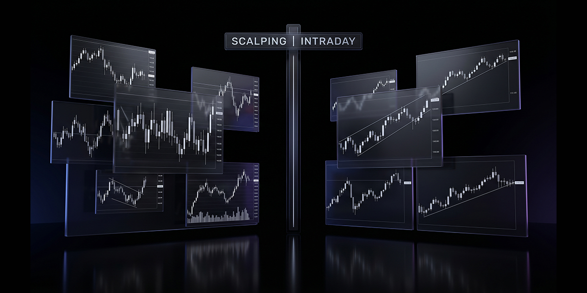 Digital illustration of multiple floating stock charts arranged around a central 'SCALPING INTRADAY' sign on a dark background.