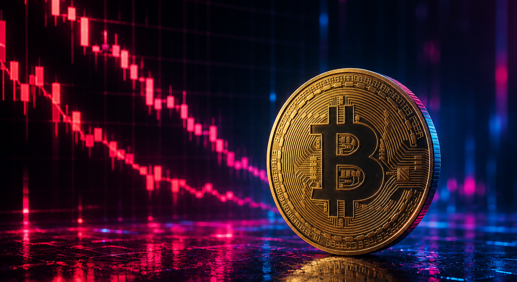 Close-up of a gold Bitcoin coin against a red and blue digital stock chart background, conveying cryptocurrency trading context.