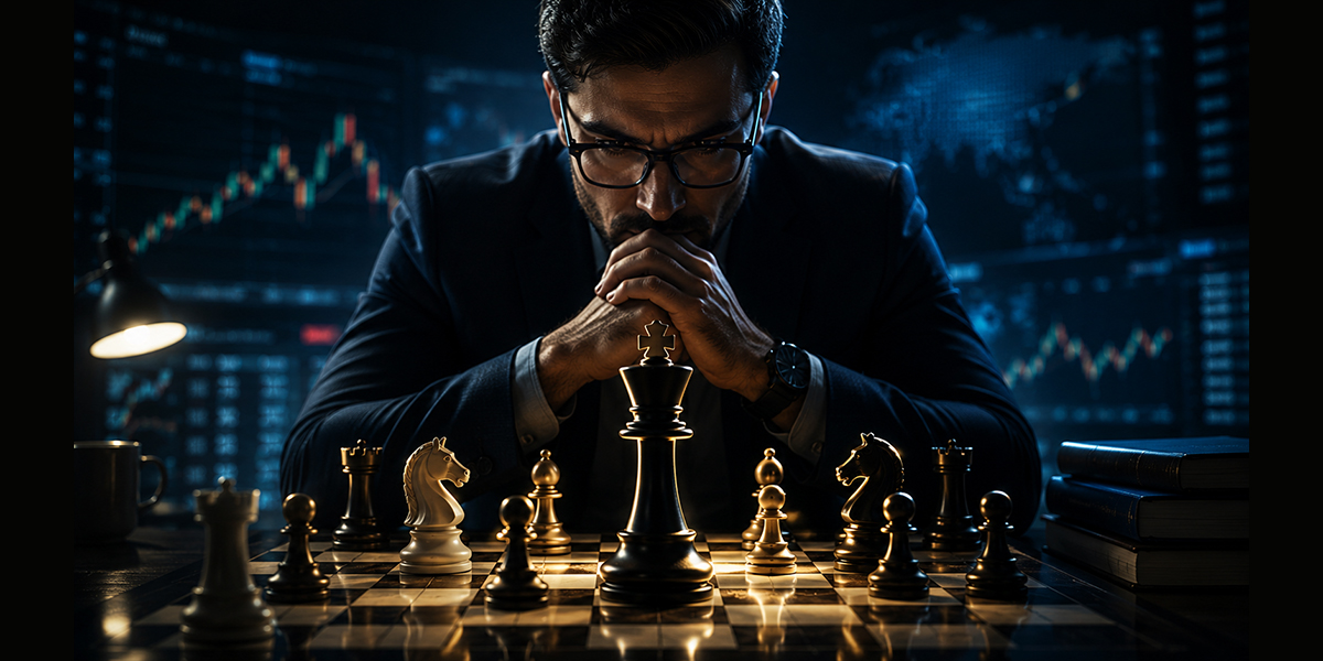 Businessman in a suit studies a chessboard, hands clasped, with stock charts glowing in the background.