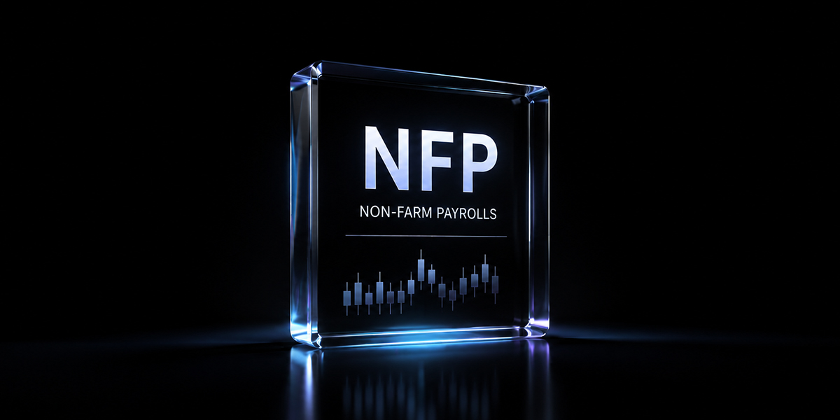 Crystal award displaying NFP: Non-Farm Payrolls with a blue candlestick chart on a dark background.