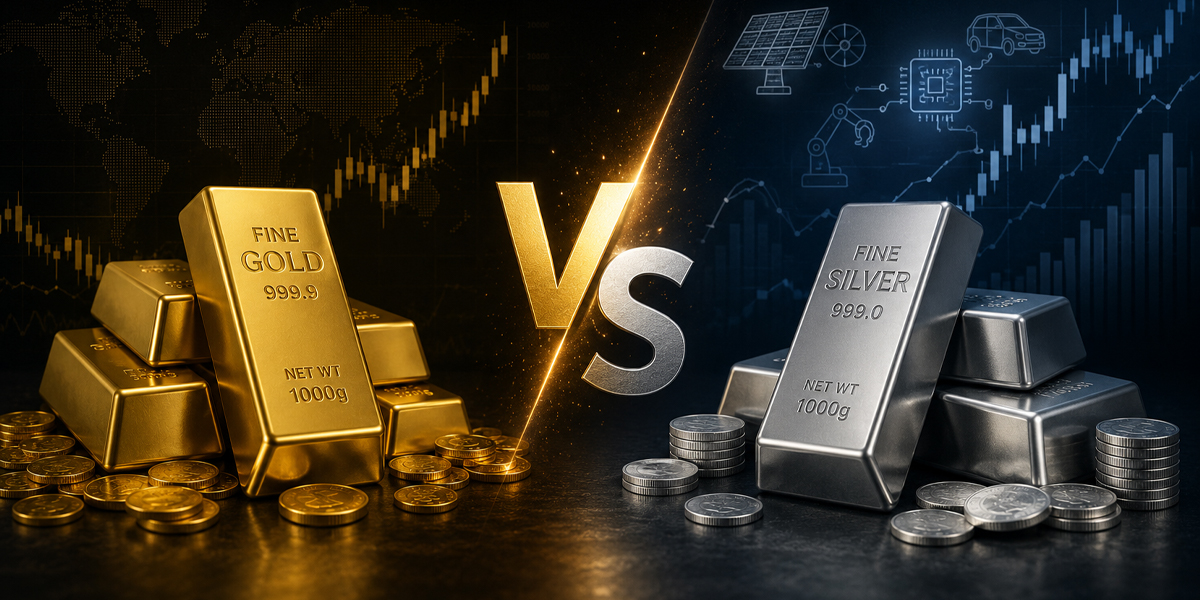 Stacks of gold bars and coins on the left face off against silver bars and coins on the right, with a glowing VS in the center.