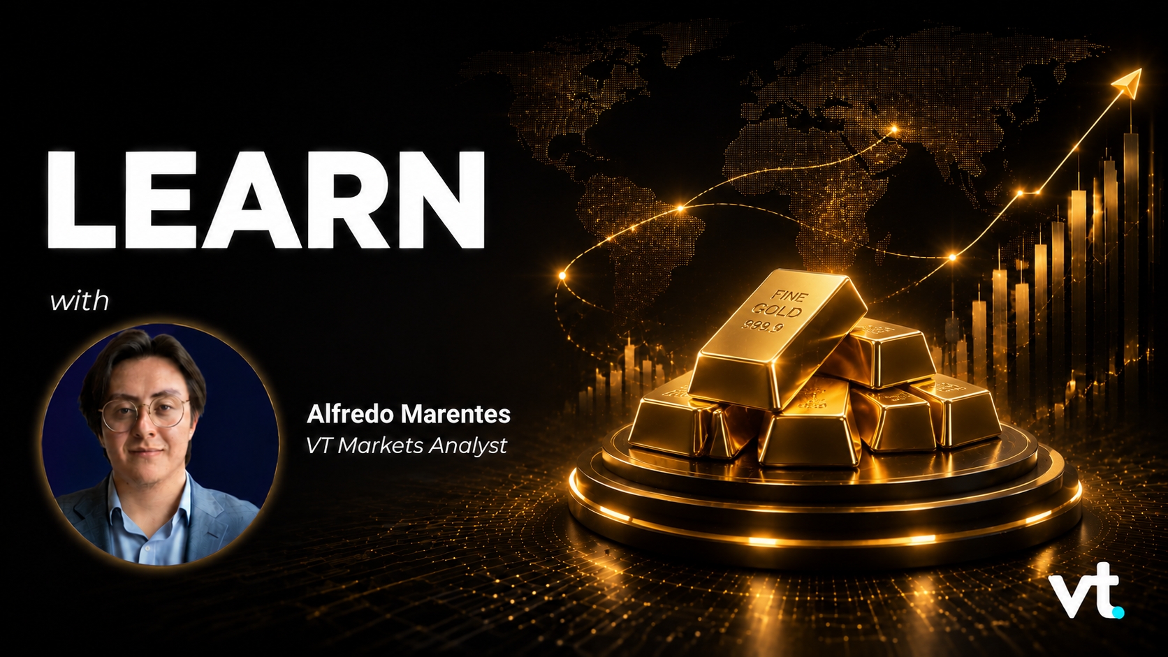 Promotional banner for 'LEARN with Alfredo Marentes' featuring gold bars and a world map in a dark theme.