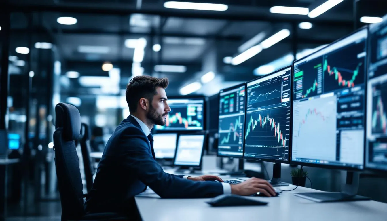 Um trader está analisando múltiplos gráficos com expressão concentrada, cercado por telas que exibem dados de preços e movimentos do mercado financeiro. A imagem retrata a dedicação e as estratégias necessárias para entender a negociação de ativos, como criptomoedas e ações, no mundo do trading.