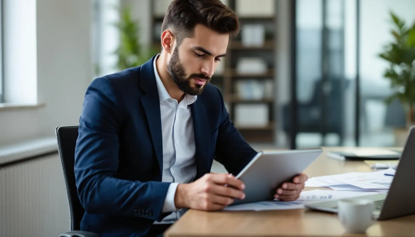 Uma pessoa está lendo relatórios financeiros em um tablet, analisando dados e gráficos relacionados ao mercado financeiro. Essa atividade pode ajudar traders a entender movimentos de preços e desenvolver estratégias para suas negociações.