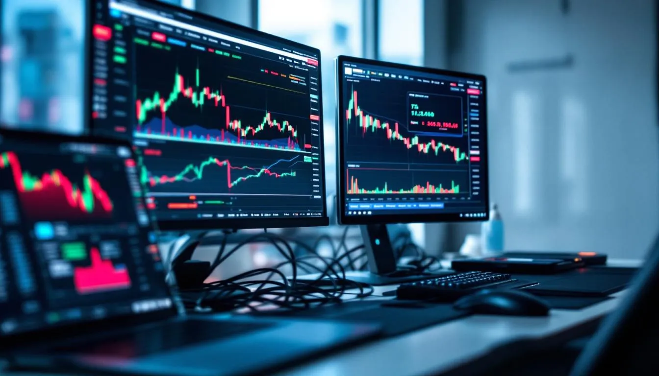 As telas de múltiplas plataformas de trading abertas mostram gráficos e dados de preços em tempo real, permitindo que traders analisem o mercado financeiro e tomem decisões informadas sobre suas negociações de ativos como criptomoedas e ações. Essas interfaces são essenciais para entender movimentos de preços e desenvolver estratégias de trading eficazes.