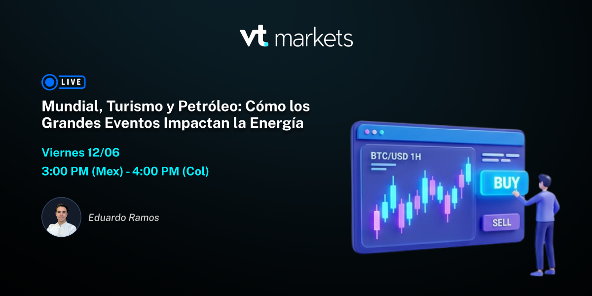 Hero banner for vt markets promoting a live webinar titled 'Mundial, Turismo y Petróleo...'; left: text and host photo, right: 3D trading screen with BUY/Sell buttons and a person.