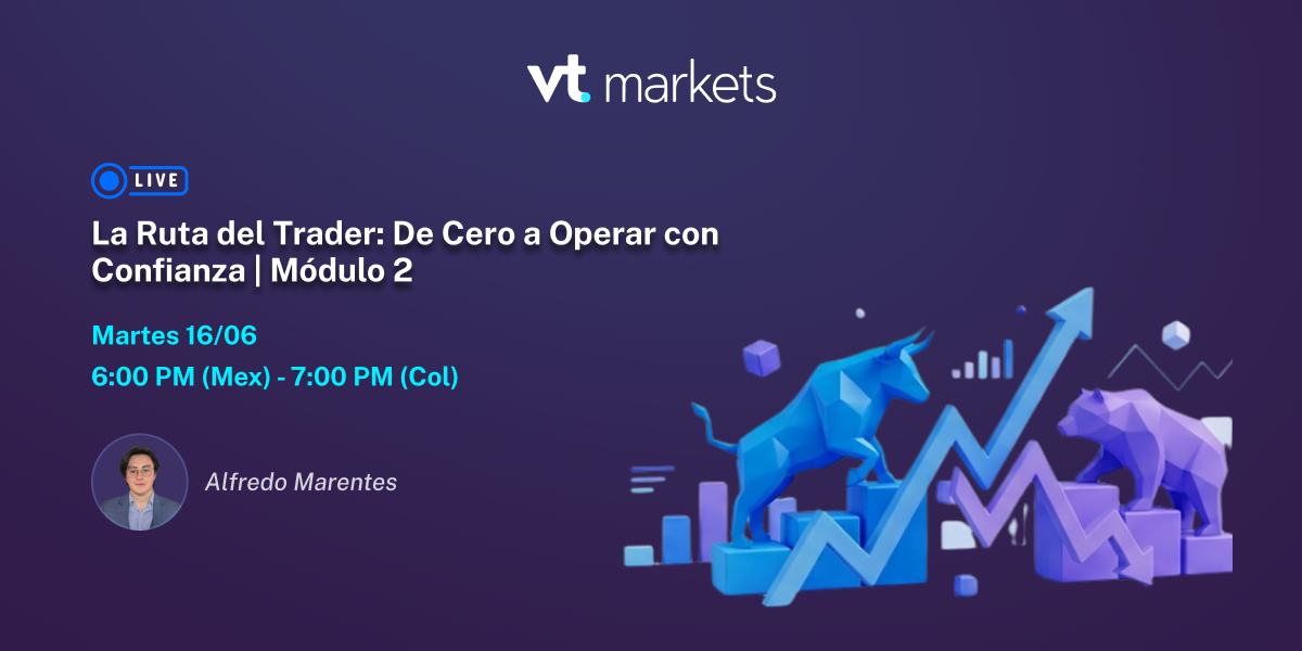 VT Markets live banner promoting La Ruta del Trader: De Cero a Operar con Confianza, Módulo 2, con fecha y horario en español (16/06, 6–7 PM).