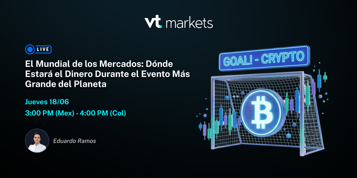 Promotional banner for vt markets webinar in Spanish: 'El Mundial de los Mercados...' with Bitcoin graphic on the right and Eduardo Ramos portrait left.