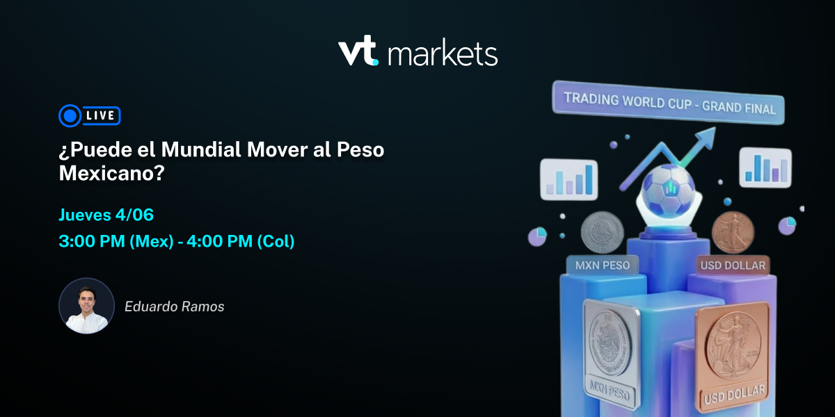 Promo banner for a Spanish VT Markets webinar: '¿Puede el Mundial mover al peso mexicano?' with date and host Eduardo Ramos; right shows coins and charts.