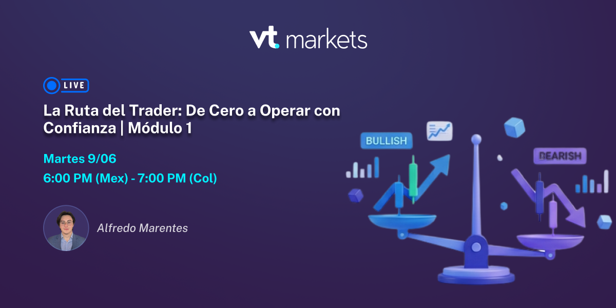 Promotional banner advertising a live trader webinar: La Ruta del Trader, Módulo 1, with date, time, and author Alfredo Marentes (avatar shown). Right side shows a blue balance scale illustration with bullish/bearish elements.