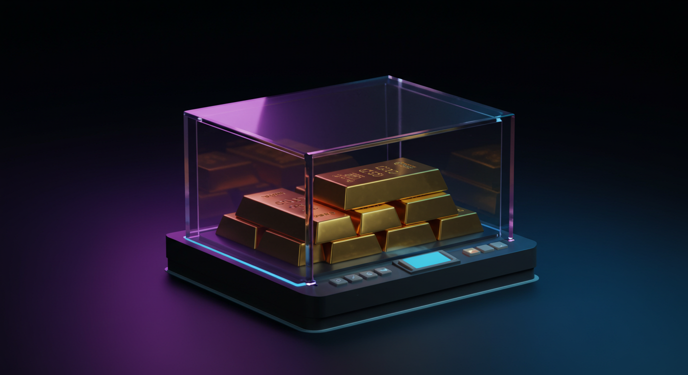 Gold bars stacked inside a clear glass display case on a digital weighing scale, under neon pink and blue lighting.