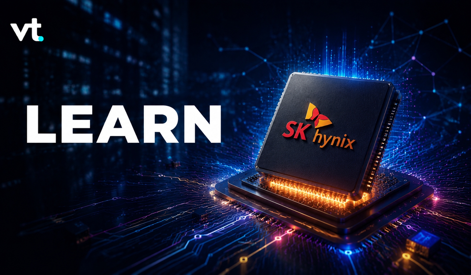 Large white 'LEARN' text on a dark blue tech background with an SK hynix processor glowing on circuitry; vt logo in corner.
