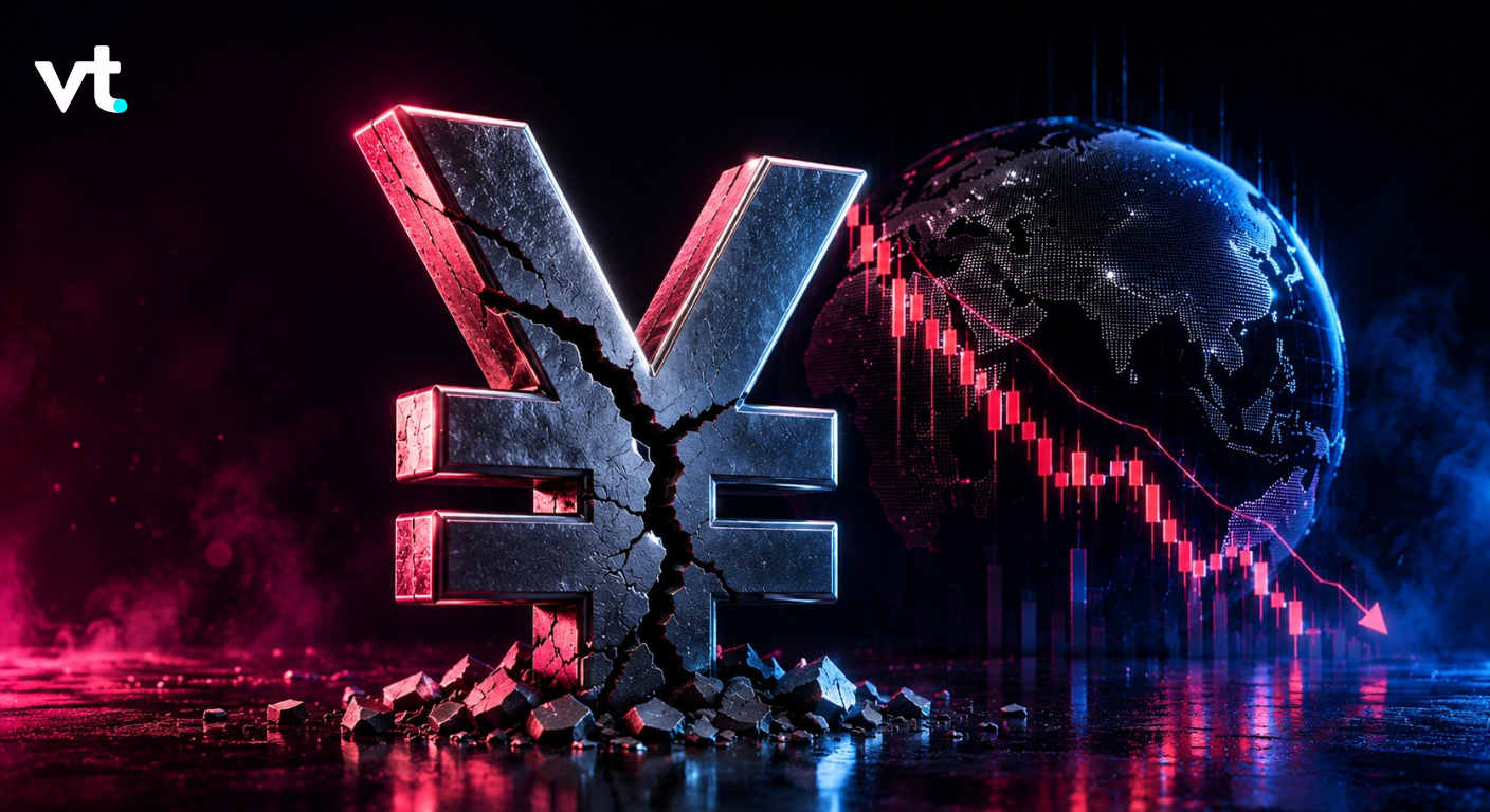 Cracked metallic euro symbol breaking apart on a reflective surface, with a red downward stock line and a globe in the background.
