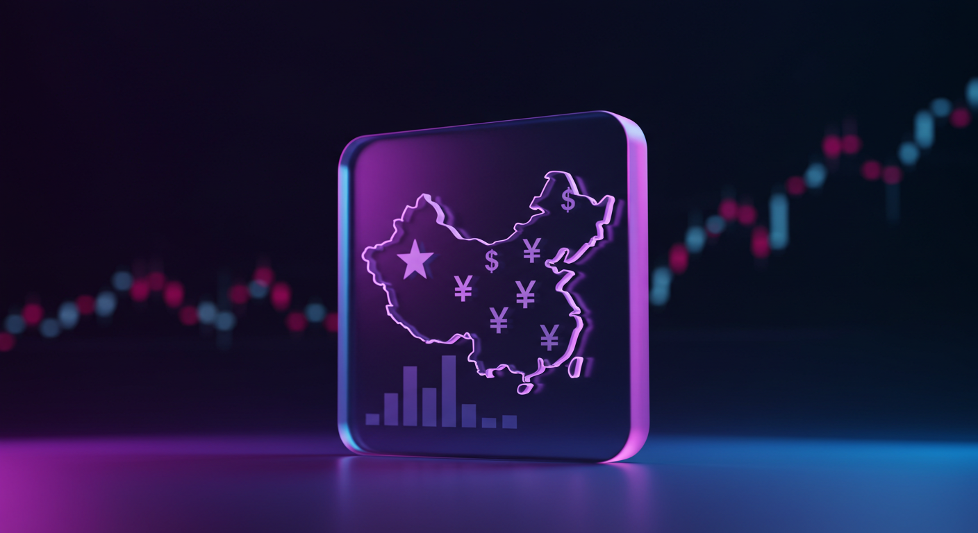 Neon purple square featuring a glowing map of China with currency symbols and a bar chart, illustrating China's economy.