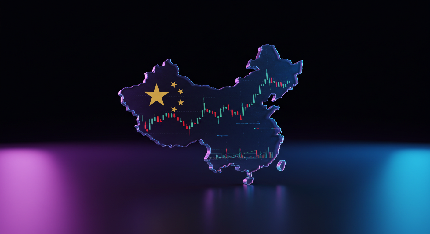 3D neon map of China with a stock market candlestick chart and yellow star flag overlay, on a dark background