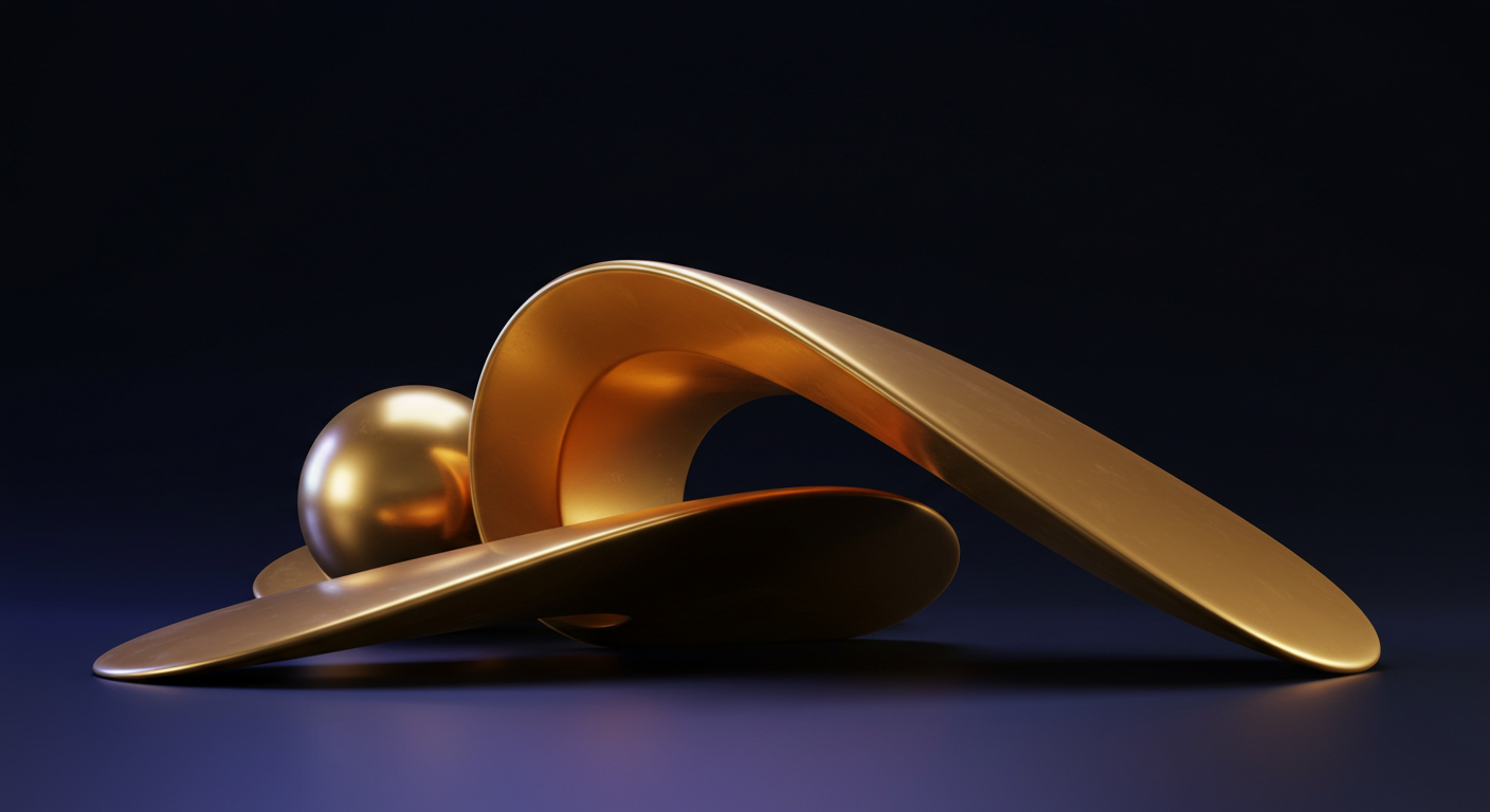 Abstract gold sculpture with curved rings and a sphere on a dark blue gradient background.