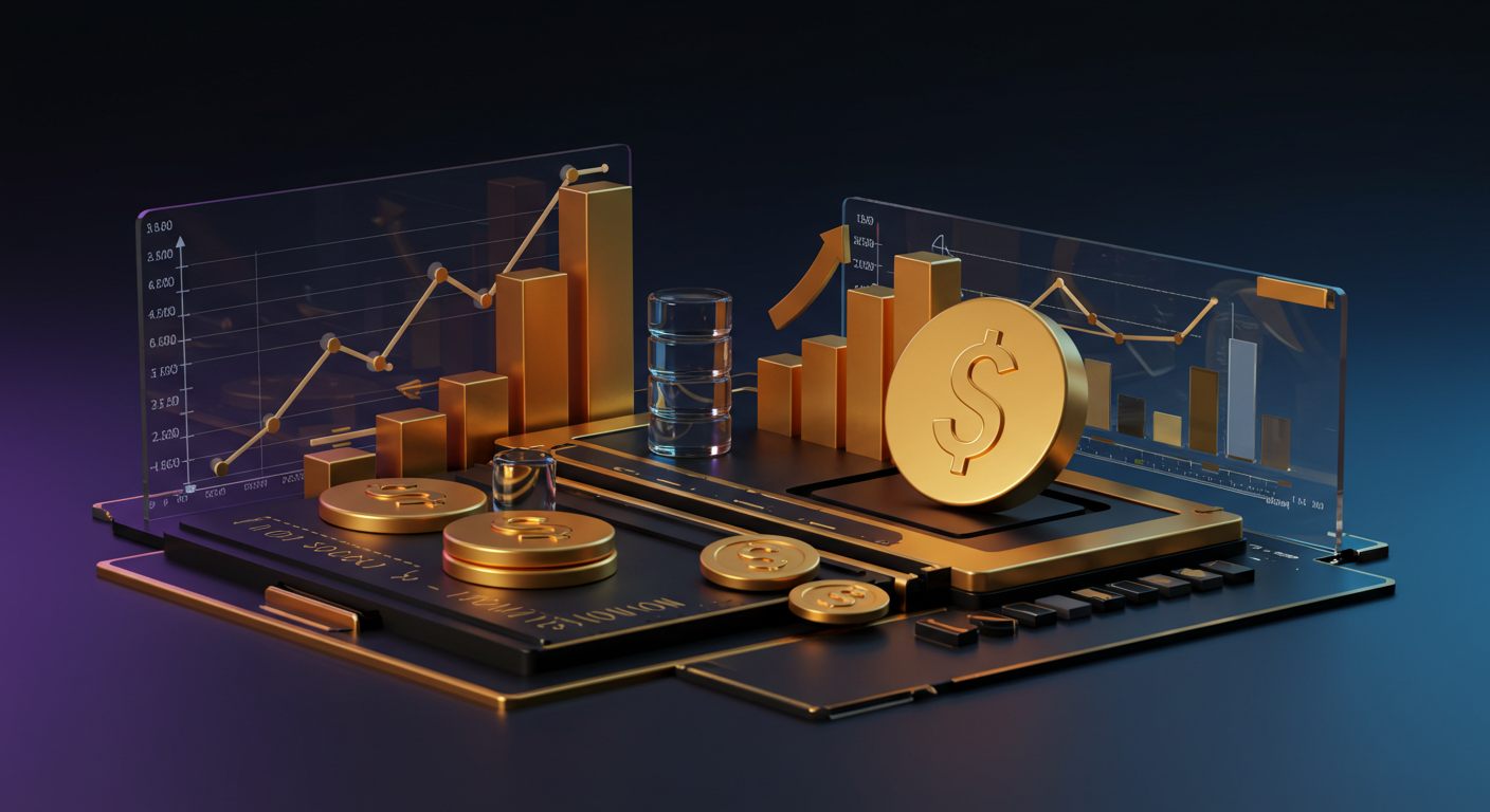 Gold coins and a dollar symbol atop a tablet with 3D bar and line charts illustrating financial growth.