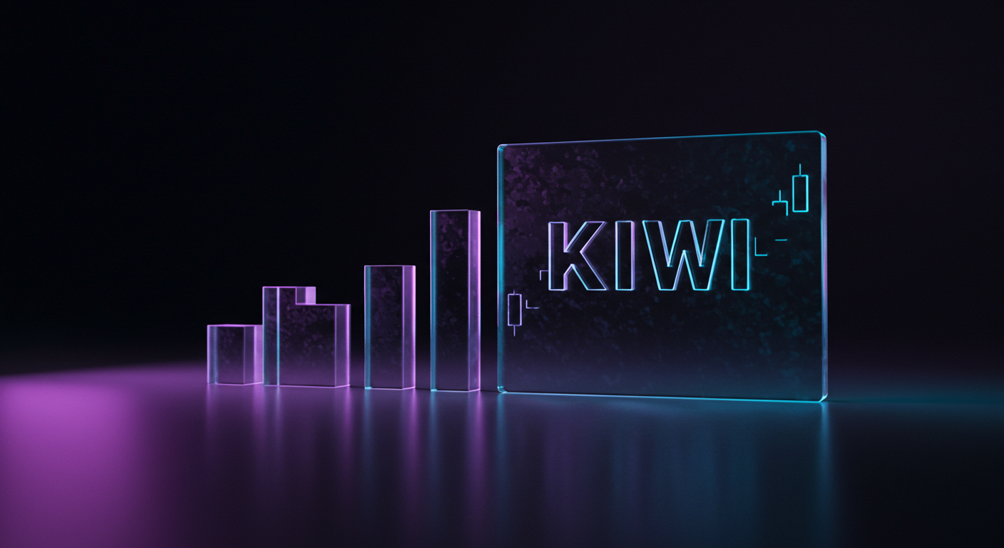 Neon-lit glass panel reading 'KWI' with a row of glowing purple bars to its left, like a financial chart.