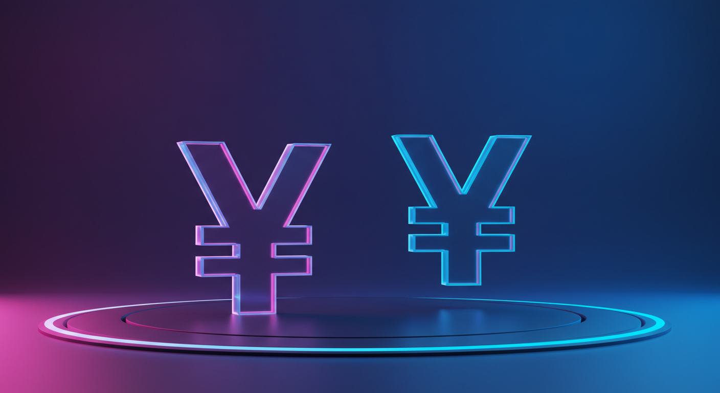 Two neon Yen symbols (pink left, blue right) hover above a glowing circular platform, suggesting currency exchange or fintech imagery.