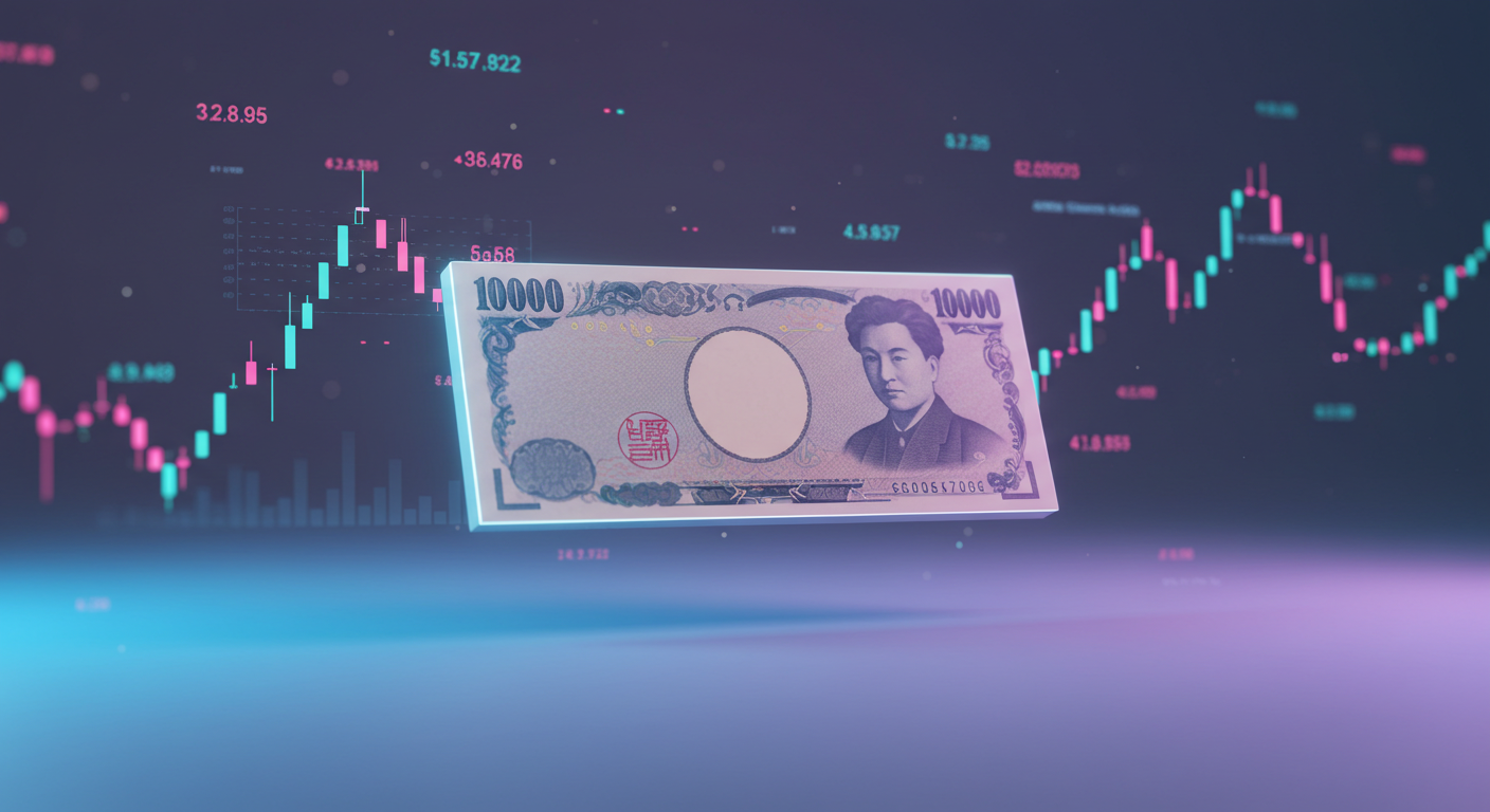 Floating 10,000 yen banknote over a neon stock market candlestick chart, suggesting currency and trading impact.