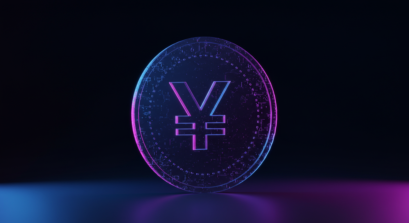 Neon-lit holographic coin displaying the Yen symbol ¥ against a dark gradient background.
