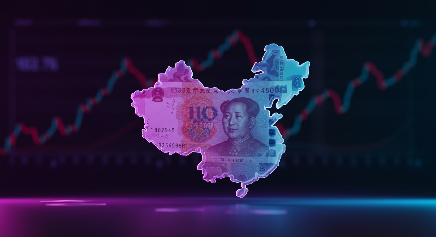 Outline of China filled with yuan banknotes over a stock market graph, illustrating China's economy and finance backdrop of the image