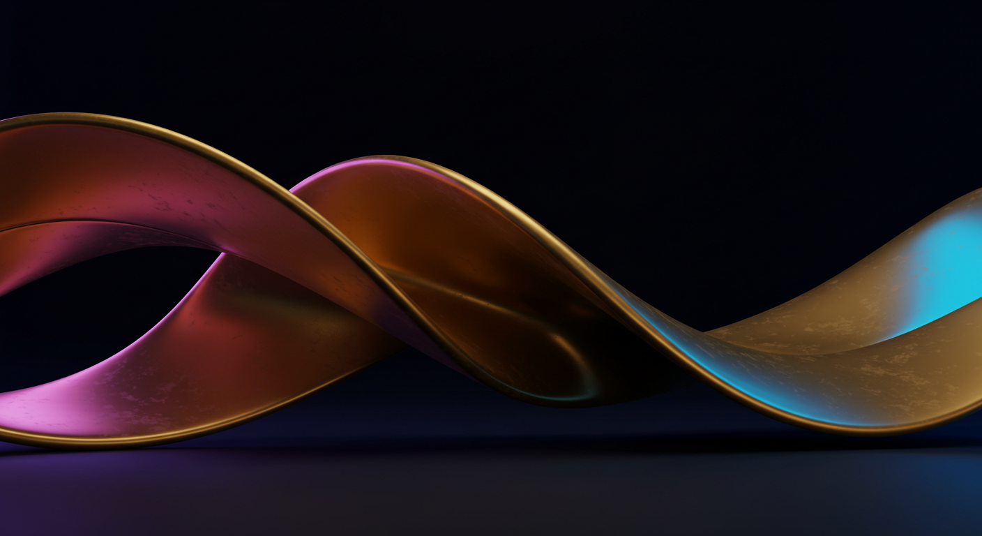 Abstract neon ribbon twisting across a dark background with pink, purple, blue, and gold hues.