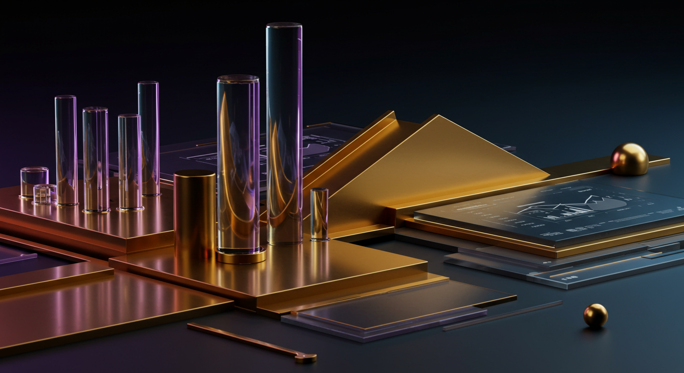Abstract geometric sculpture with gold plates and tall glass cylinders on a dark surface.