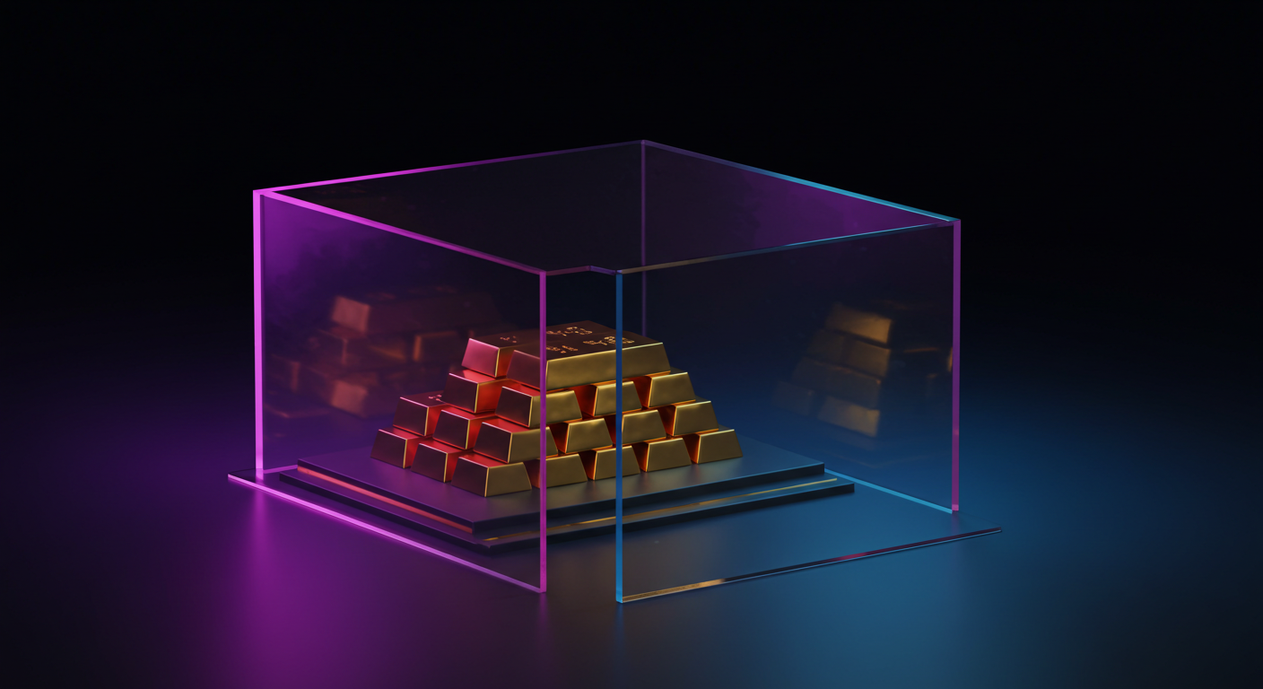 Pyramid of gold bars inside a clear display case, illuminated by pink and blue neon lights.