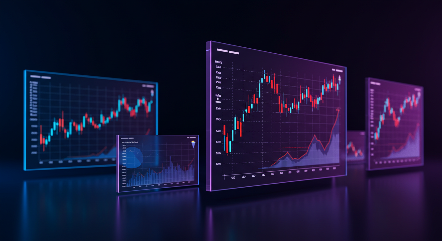 Several neon-lit monitors show candlestick stock charts and line graphs in blue and purple tones.