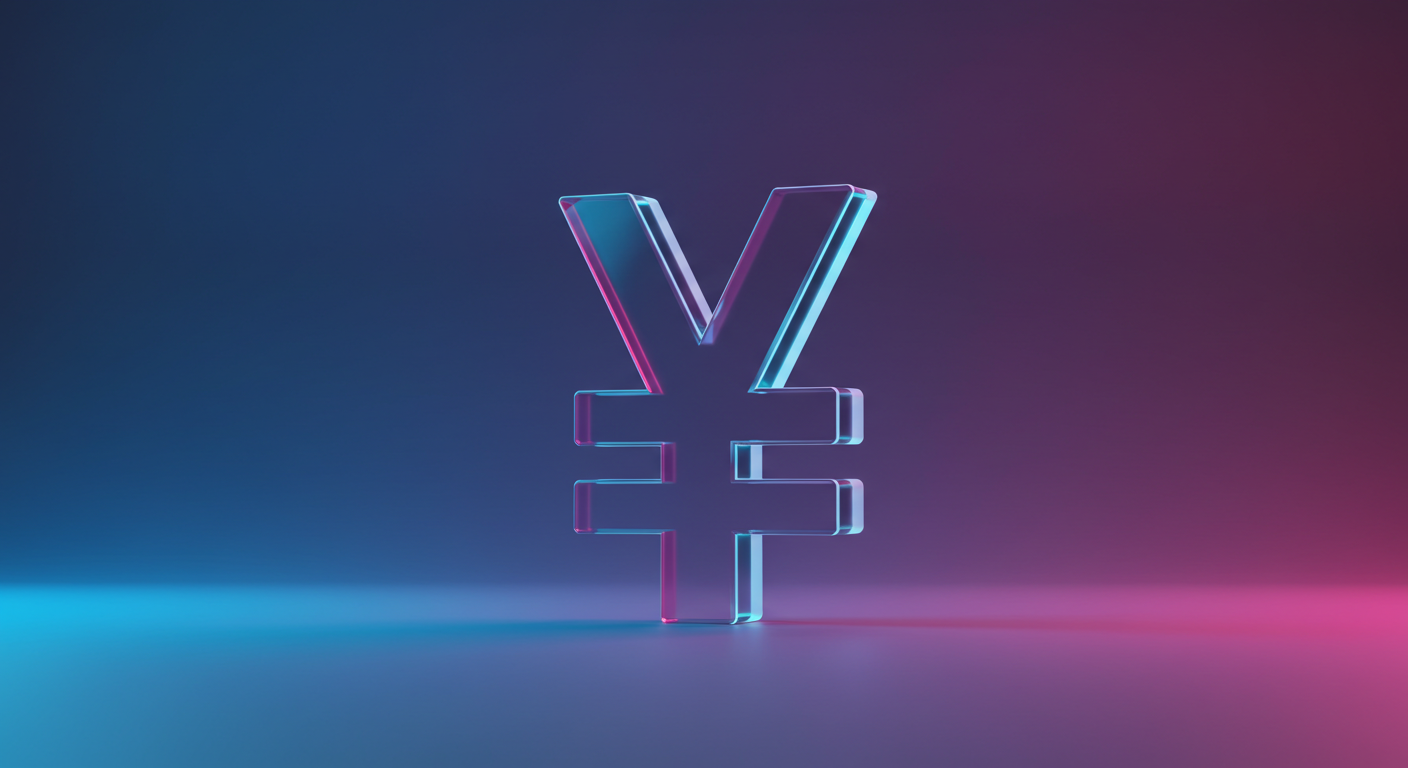 3D glass Yen currency symbol glowing in blue and magenta on a reflective surface.
