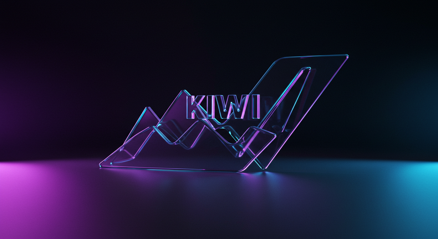 Transparent glass sculpture spelling 'KIWI' with pink and blue neon lighting on a dark gradient background.