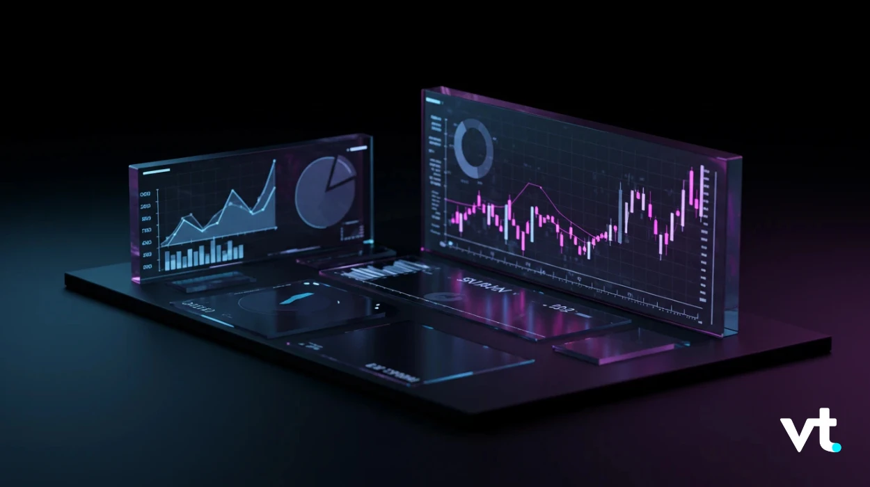 Futuristic workstation with glass-like screens showing stock charts and graphs in blue and pink hues.