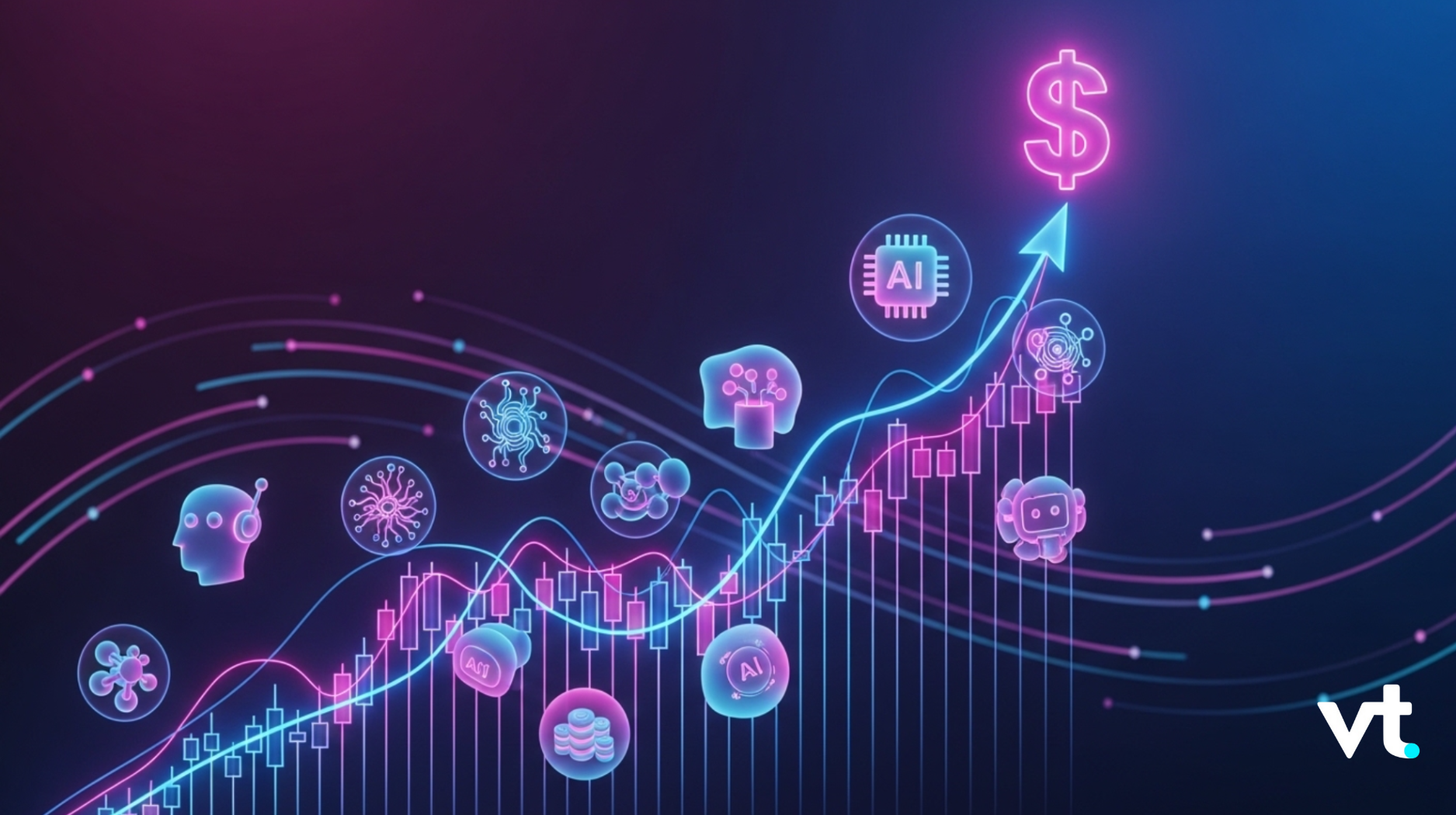 Neon illustration of AI icons and a rising pink/blue financial chart with a glowing dollar sign, suggesting AI-driven growth (vt logo in corner).