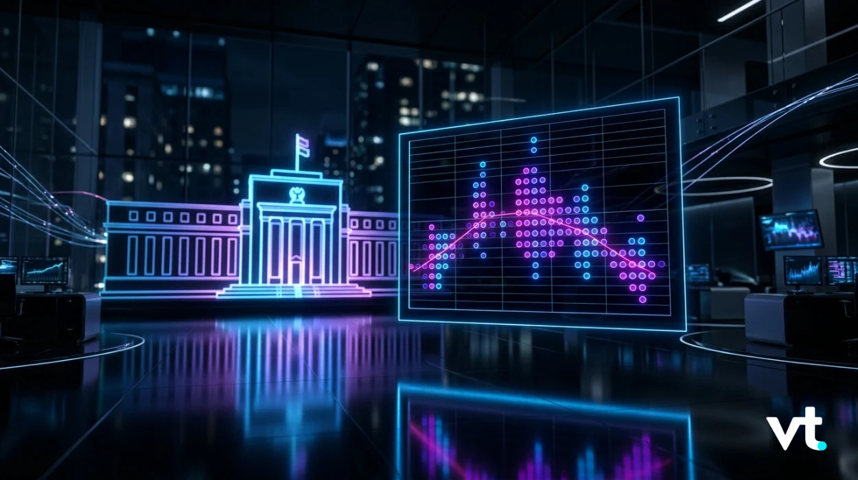 Futuristic, neon-lit control room with a large holographic chart showing a purple/blue data plot beside a neon outline of a government building; VT logo bottom right.
