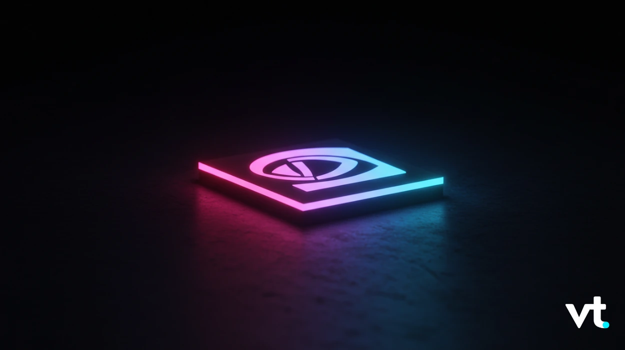 Glowing square tile with a circular emblem in the center, pink-to-blue gradient glow on a dark surface; VT logo in the bottom-right.