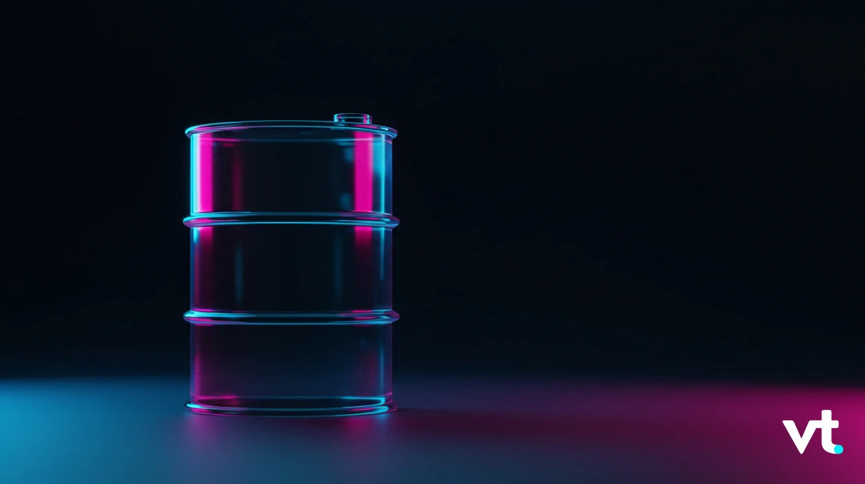 Neon-lit stack of three metal oil drums on a dark surface; cyan and magenta reflections with a VT logo in the bottom-right corner.