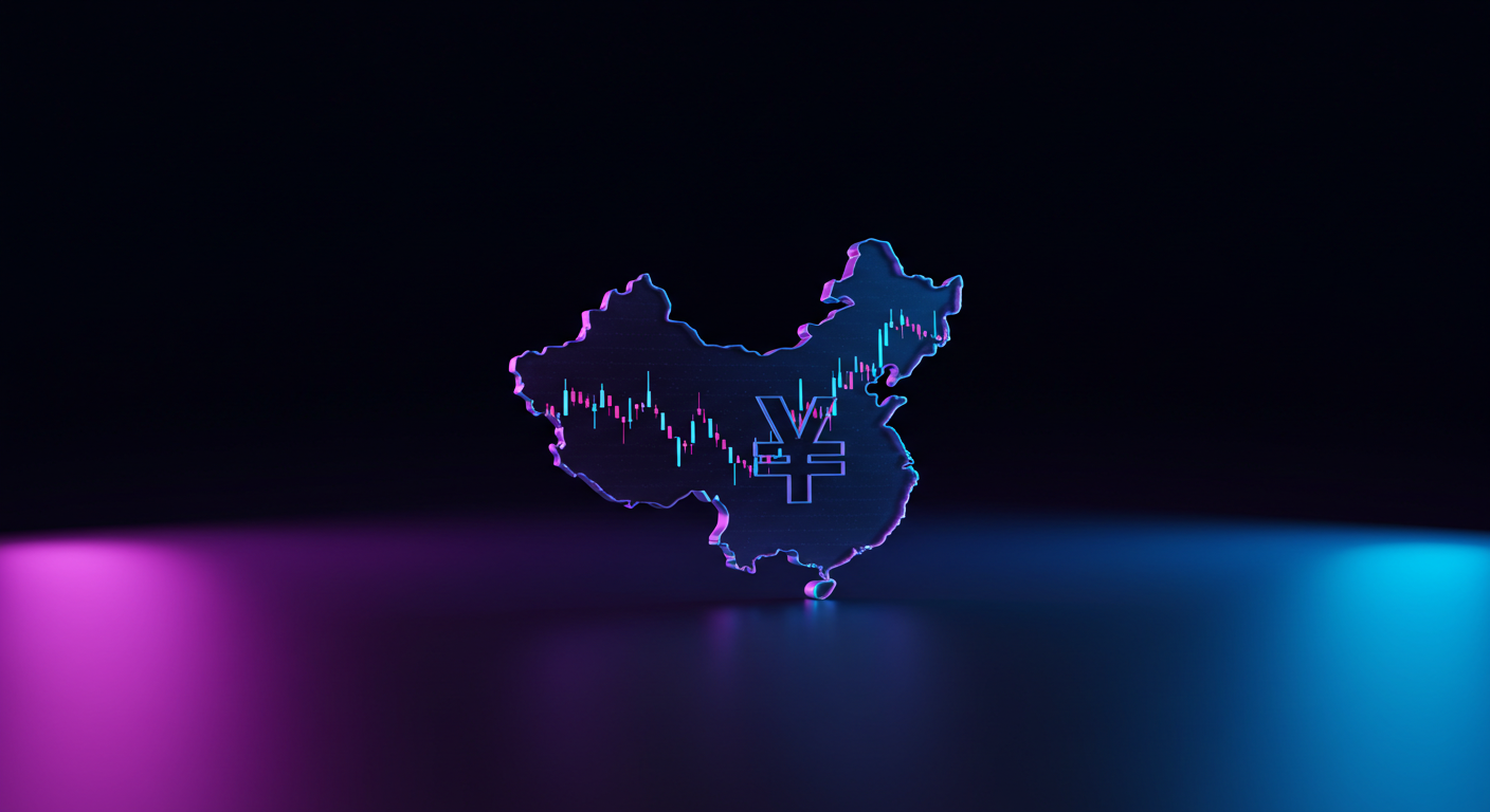 Neon-outline map of China with a stock chart and yuan symbol, glowing in purple and blue against a dark background.