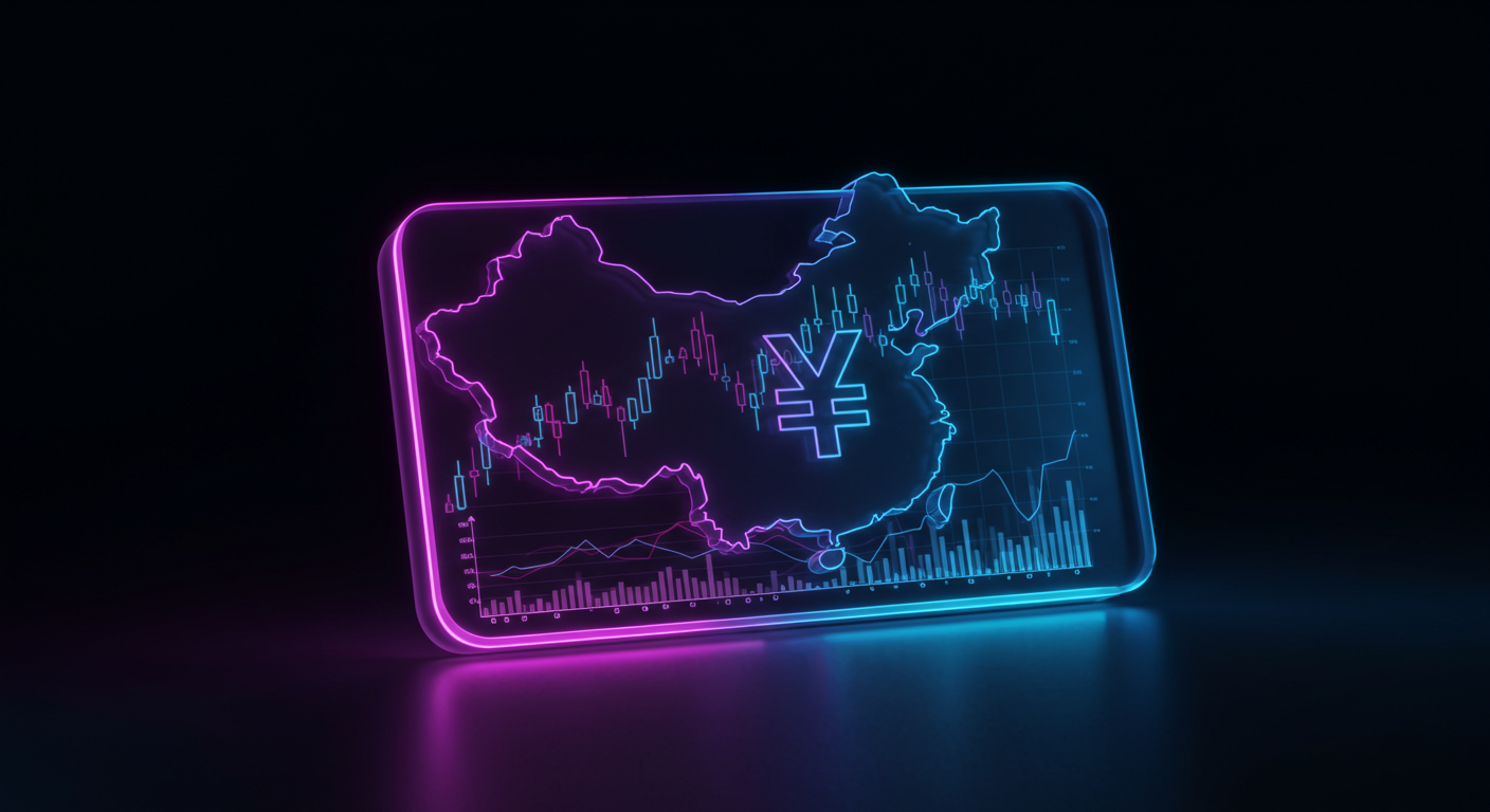 Neon-lit glass panel displaying China’s outline with a yuan symbol and stock charts.