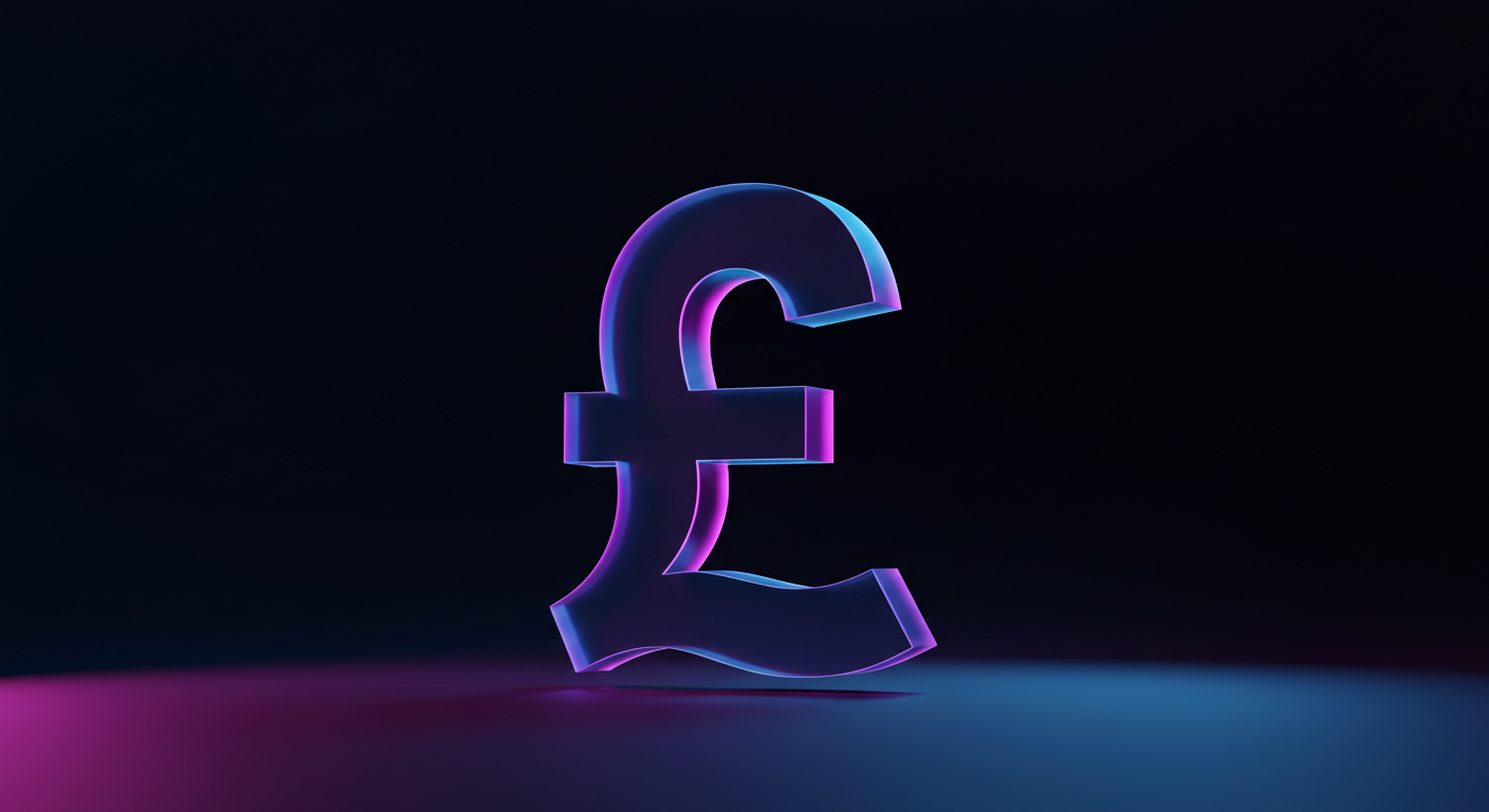 Neon 3D euro symbol (€) glowing purple and blue on a dark background.